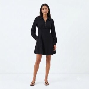 Sinsay Womens Black Long Sleeve Quarter Zip Babydoll Fit & Flare Mini Dress L